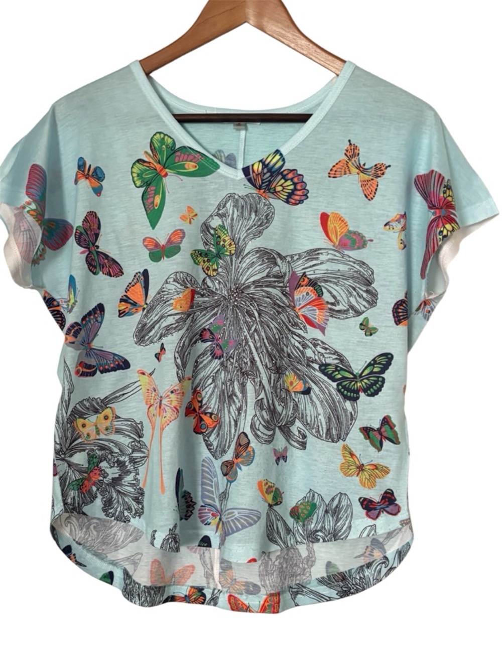 Milano women's short sleeves V-neck top floral butterfly print size S